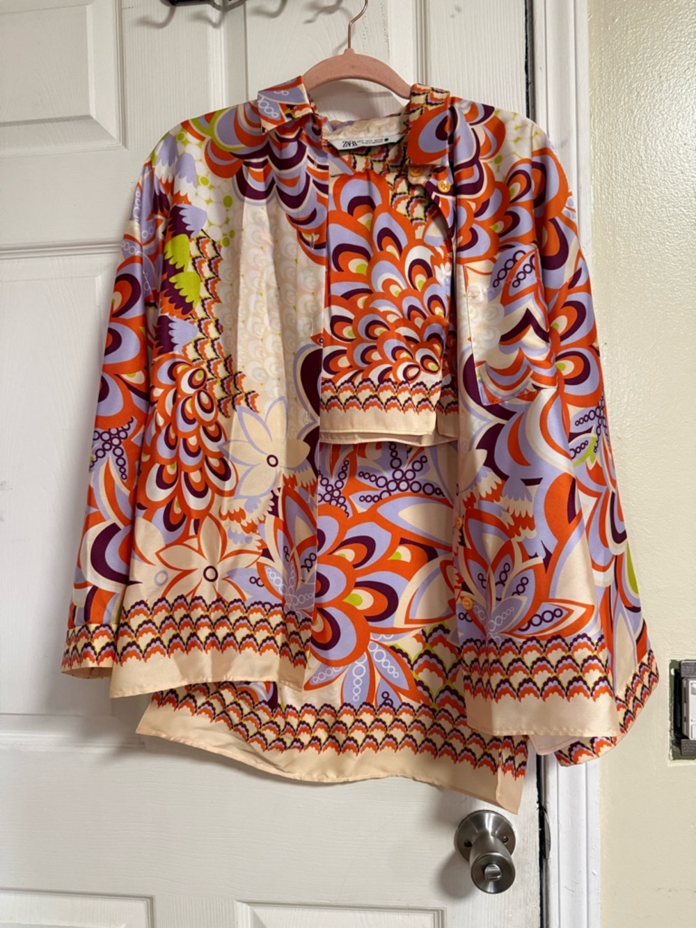 Zara Multicolor Retro Floral Print Scarf-Detail Blazer